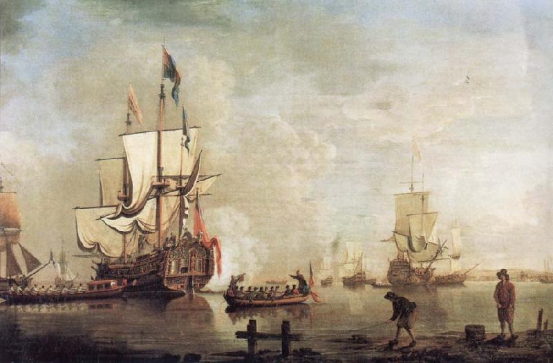 Thomas Mellish The Royal Caroline in a calm estuary flying a Royal standard and surrounded by an attendant barge and other small boats oil painting image